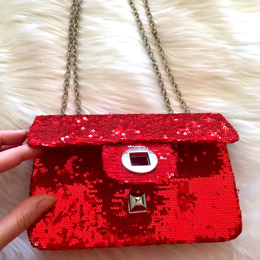 Vintage Red Sequin Mini Bag Silver Chain Purse - Picture 6 of 13